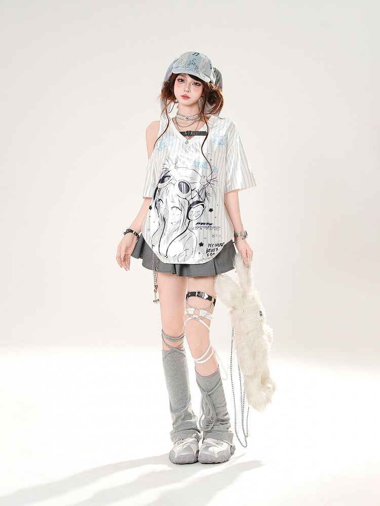 Satin Anime Girl Print Cutout Shoulder T-shirt White Pattern Striped V-neck