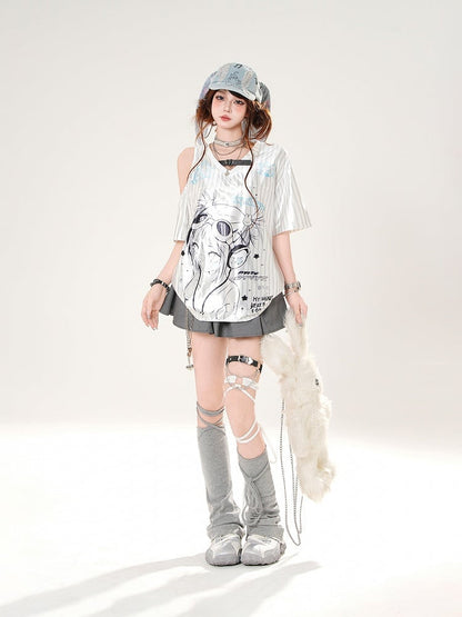 Satin Anime Girl Print Cutout Shoulder T-shirt White Pattern Striped V-neck