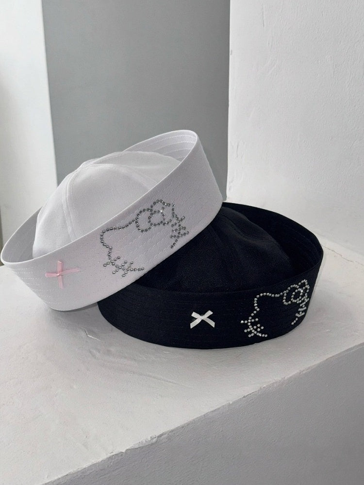 2-Color Sailor Hat with Cat Rhinestone Decoration - IVONA boutique