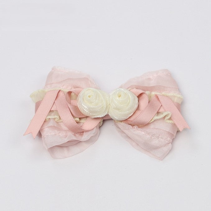 White with Hairclip Ribbon Sweet Lolita Bow Pink Flowers