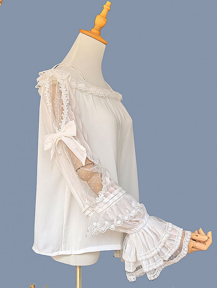 with White Sleeves Blouse and Off-the-shoulder Lace Trim Neckline Lolita Semi-sheer