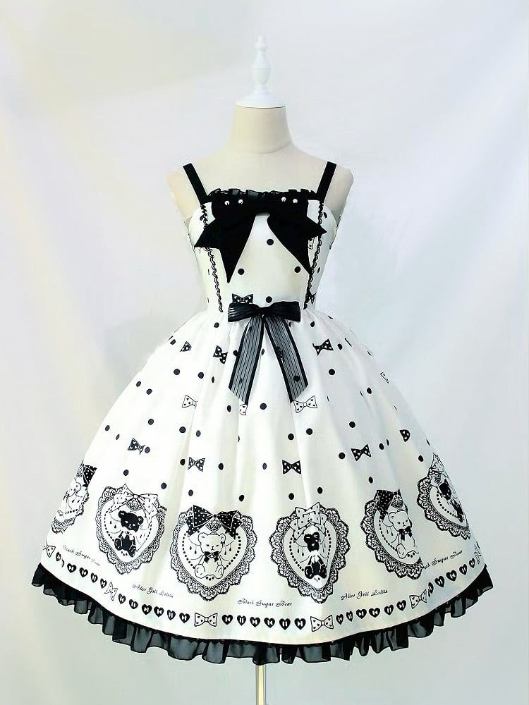 Mode Lolita Weiß Bowknot Süß und Schwarz Print Punkte Polka Kleid Teddy