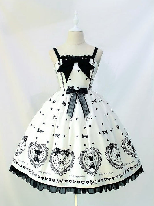Fashion Lolita White Bowknot Sweet and Black Print Dots Polka Dress Teddy