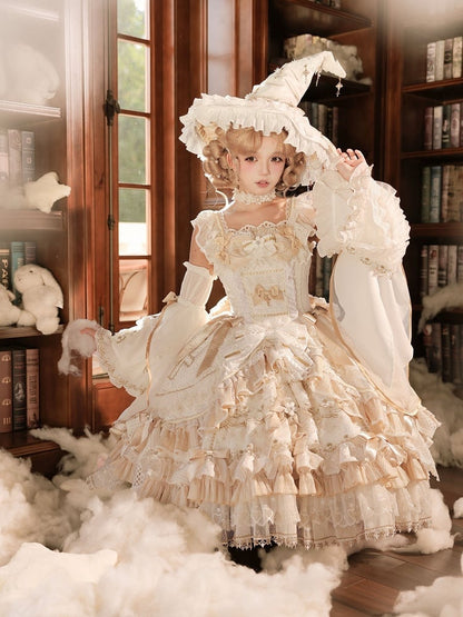 Witch-Themed Cross Accent Lolita JSK Full Ensemble in White and Gold with Oversized Bow Train, Cape, Detachable Sleeves, Hat and Outer Sleeves - Felinae Cookie