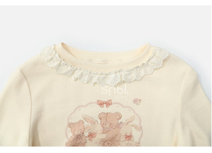Apricot Bunny und Teddybär Langarm Top gerüscht