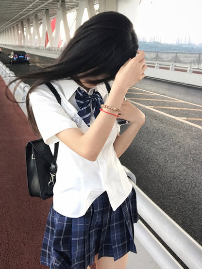 Preppy Embroidered Badge Shirt Short JK Style White Sleeves Uniform