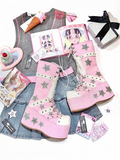 with Star Calf-Length Lace-up Style Appliques Pink Chunky Shining Gyaru Front Platform Boots