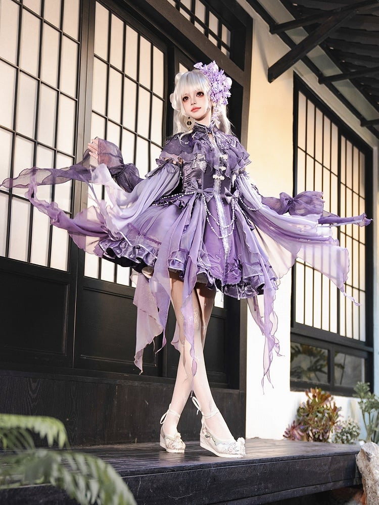 Asymmetrical Purple Lolita JSK with Floral Embroidered Capelet and Removable Sleeves Set - Xiong Dou Jiang