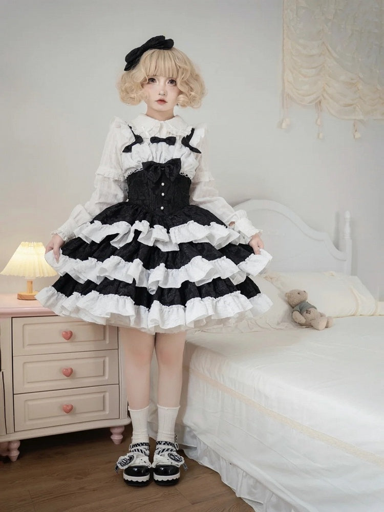 with Waist Tiered White Cute JSK Ruffle Bow Lolita Decorations Black and Boned