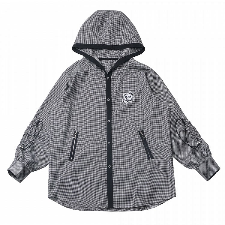 White Plaid Panda Embroidery Drawstring and Black Cuffs Hooded Top