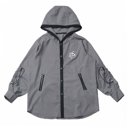 White Plaid Panda Embroidery Drawstring and Black Cuffs Hooded Top