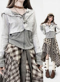 Fake Hooded Gray Design Striped Two-Piece Top Y2K