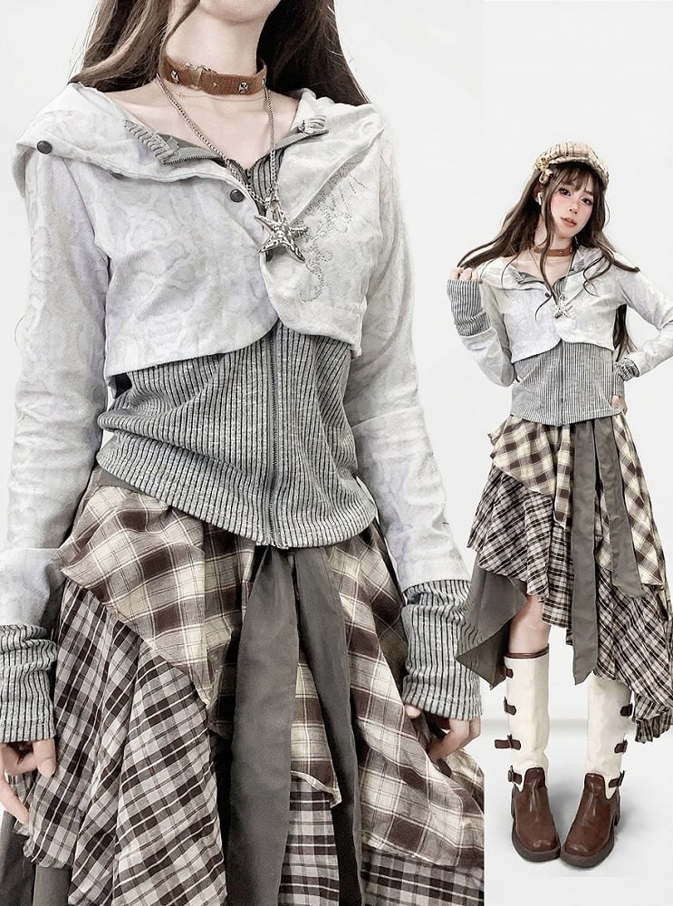 Fake Hooded Gray Design Striped Two-Piece Top Y2K