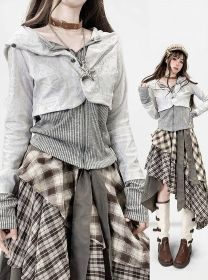 Fake Hooded Gray Design Striped Two-Piece Top Y2K