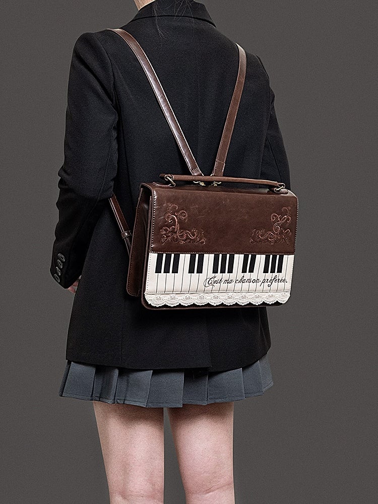 Brown Piano-Themed Crossbody  Backpack Briefcase With Embroidered Floral Accents Elegant Midium-Sized