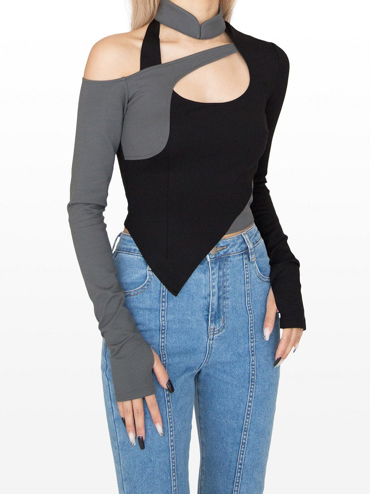 Cyberpunk Schwarz &amp; Grau Stehkragen Cutout Detail Asymmetrischer Saum Glamouröses Top