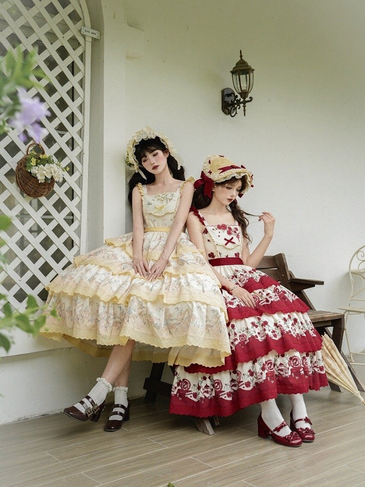Classic Rose Tiered Floral Lolita Teapot Skirt Print Red and Jumper Dress