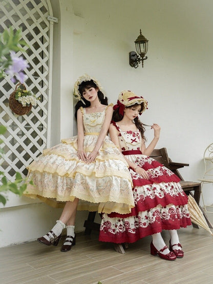 Classic Rose Tiered Floral Lolita Teapot Skirt Print Red and Jumper Dress