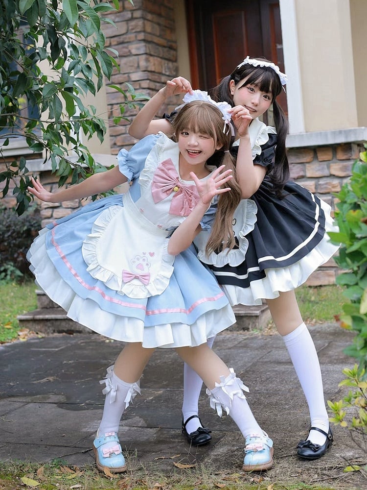 Schürze Lolita Sweet Kitty White Maid Stickerei Pfote Schwarz und Kleid