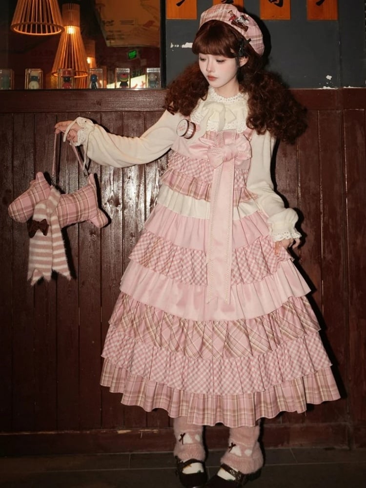 Layered Long Jumper Skirt in Pink Plaid Patchwork with Bowknot Brooch - iris de nuit
