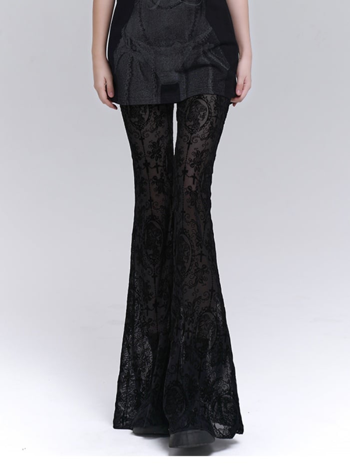 Gothic Schlaghose mit schwarzer Spitze und Rosetten