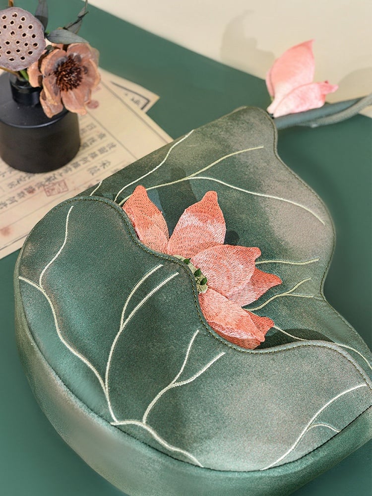 Embroidered Lotus Bag Pink Green - Miss Cat