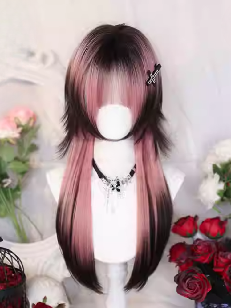 Pink and Brown Ombre Under Bust Length 60CM Straight Wig with Air Bangs