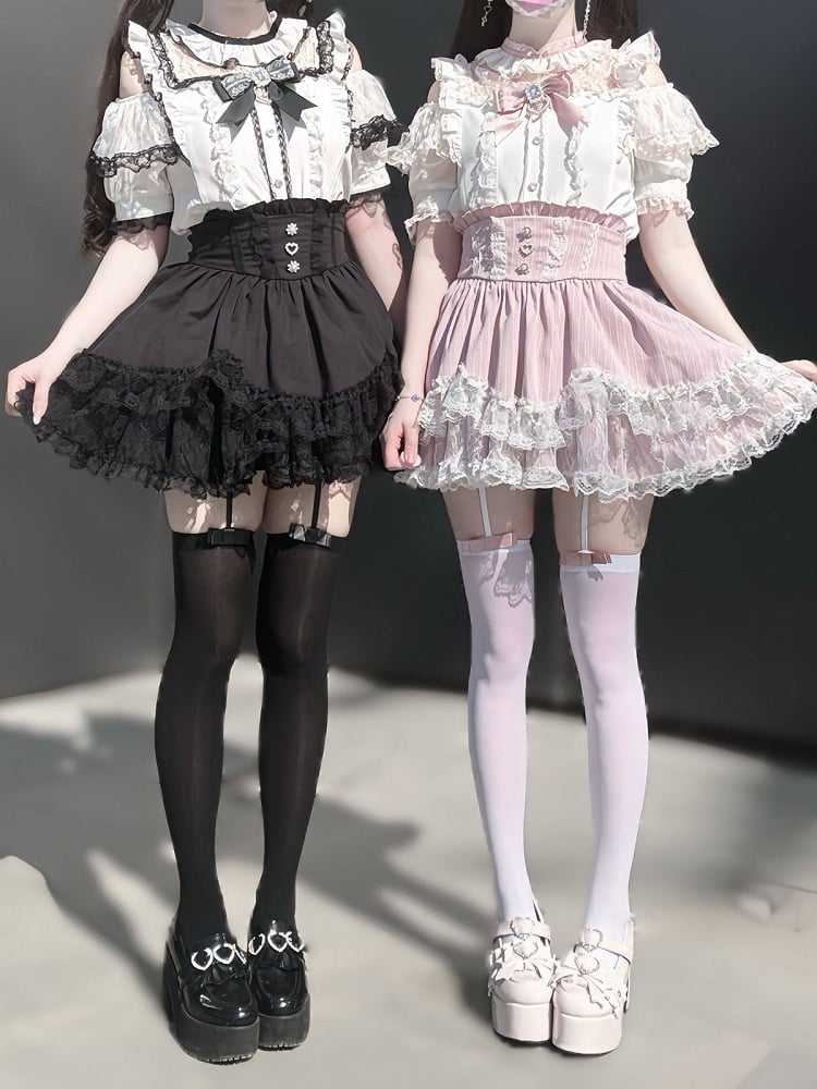 Pink Landmine Style Lace Trim High-Waist Skirt - Virtual Paradise