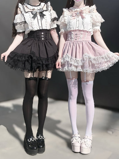 Pink Landmine Style Lace Trim High-Waist Skirt - Virtual Paradise