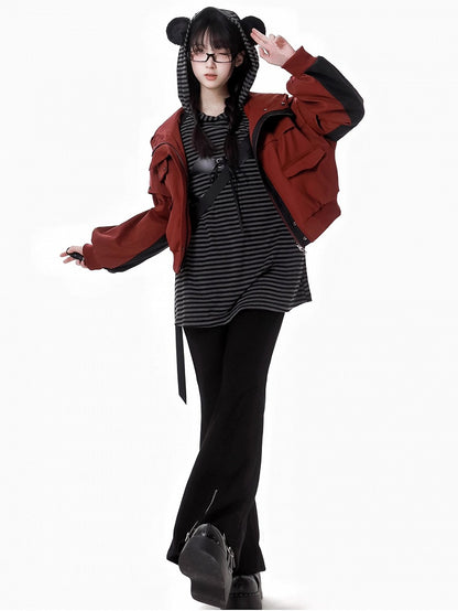 Red and Black Colorblock Sleeves Hooded Crop Jacket