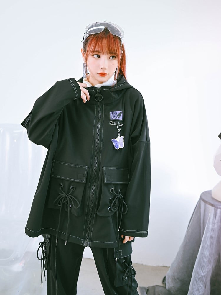 Black Cape 3D Drawstring Gothic Butterfly Pockets Crisscross with Hooded Embroidery Fleece-Lined Jacket