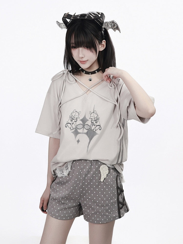 Summer Light Gray Cartoon Print V-Neck Top with Ties and Lace - PINK SAVIOR