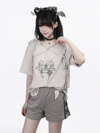 Summer Light Gray Cartoon Print V-Neck Top with Ties and Lace - PINK SAVIOR