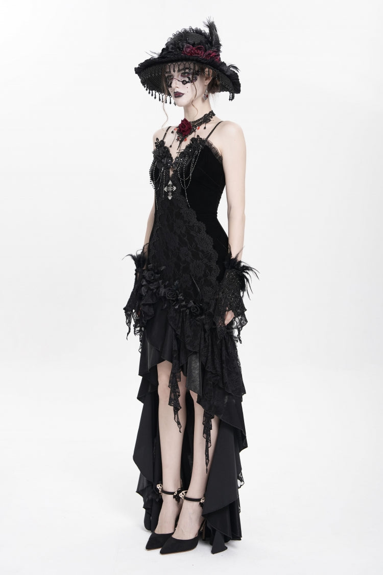 Black Cross Ruffled Floral Embroidered Chain Gothic Slip Dress