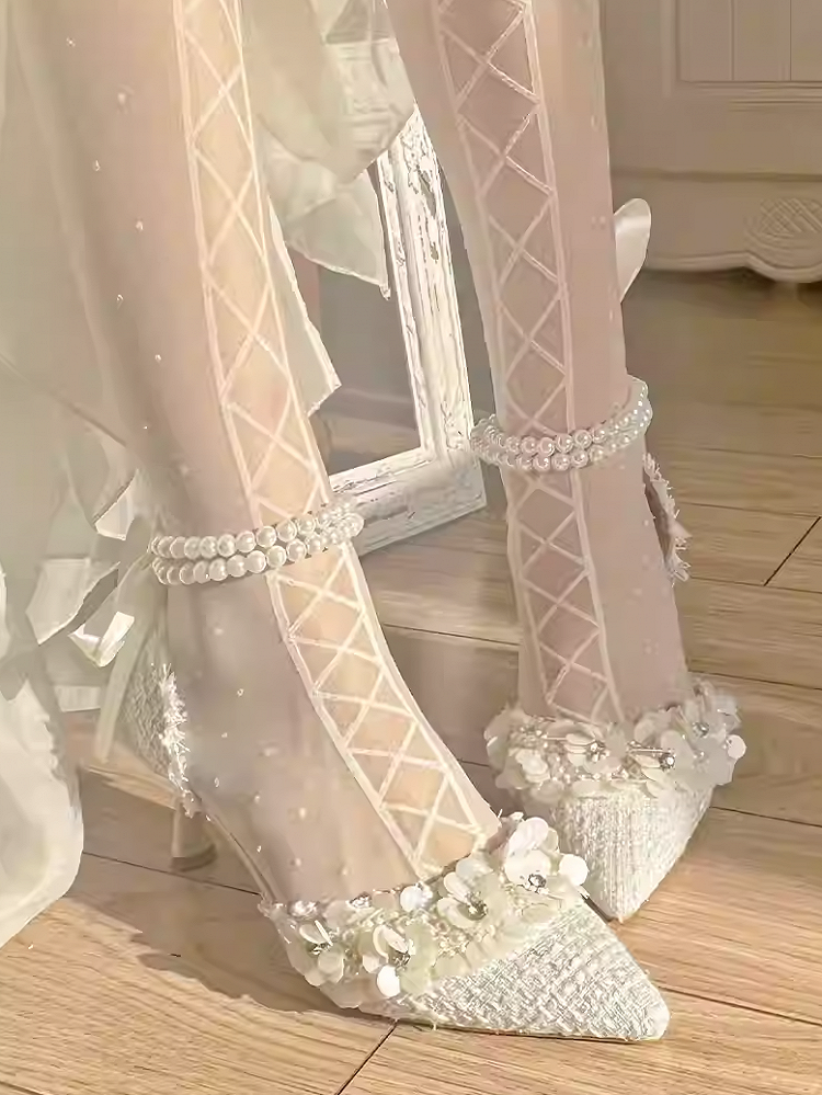 Beige Pointed Toe Floral High Heels with Beaded Chain