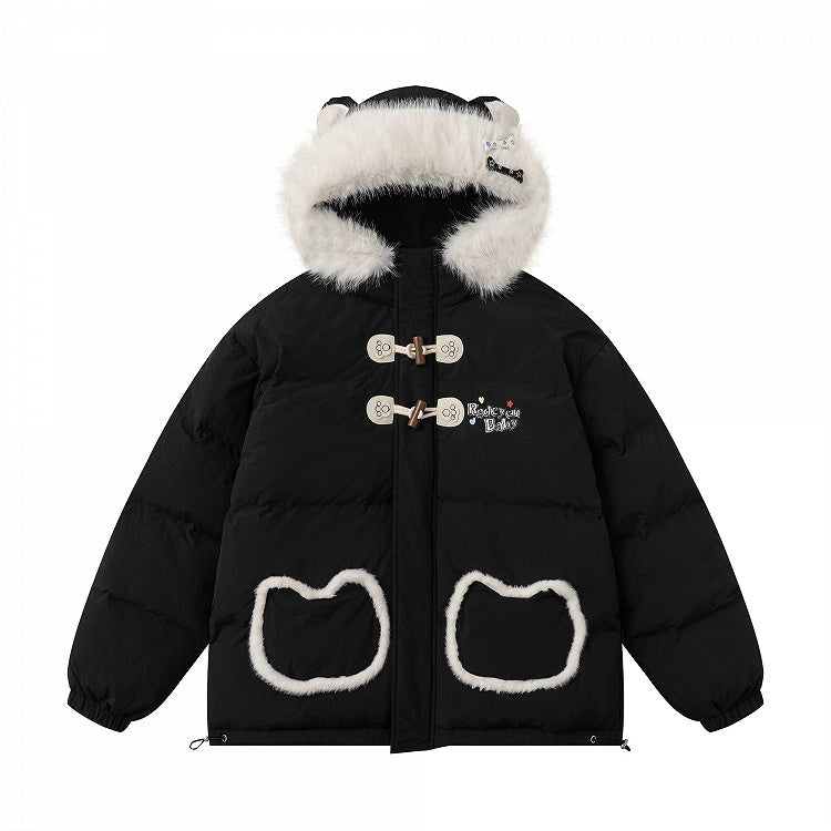 Black/Pink Letters Cat Ears Design Hooded Puffer Jacket