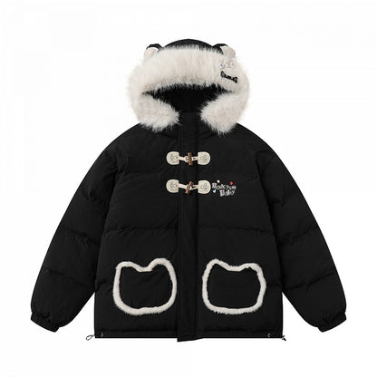 Black/Pink Letters Cat Ears Design Hooded Puffer Jacket