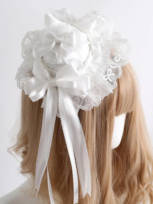 Details White with Mini Satin Ribbon Layered Hat Lace Flowing Bow
