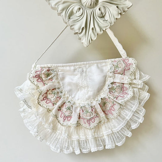 Lolita Details Handbag with Lace-Trimmed Embroidery Pink/Blue/Pink Green Flower Elegant