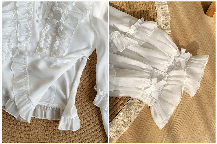 White Balloon Sleeve Blouse with Ruffle Accents and Rose Brooch - With PUJI