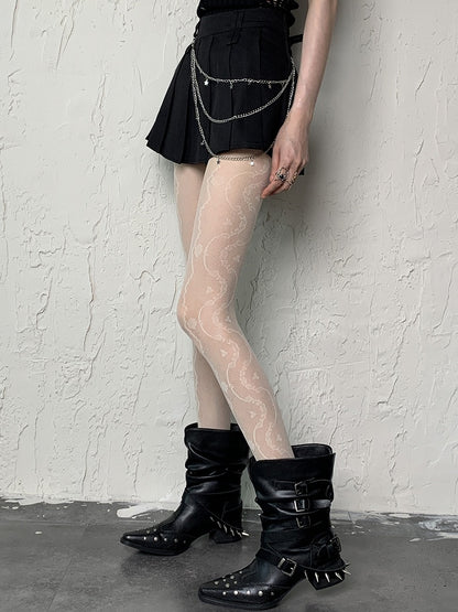 Black/White Pattern Floral Semi-sheer Side Y2K Tights