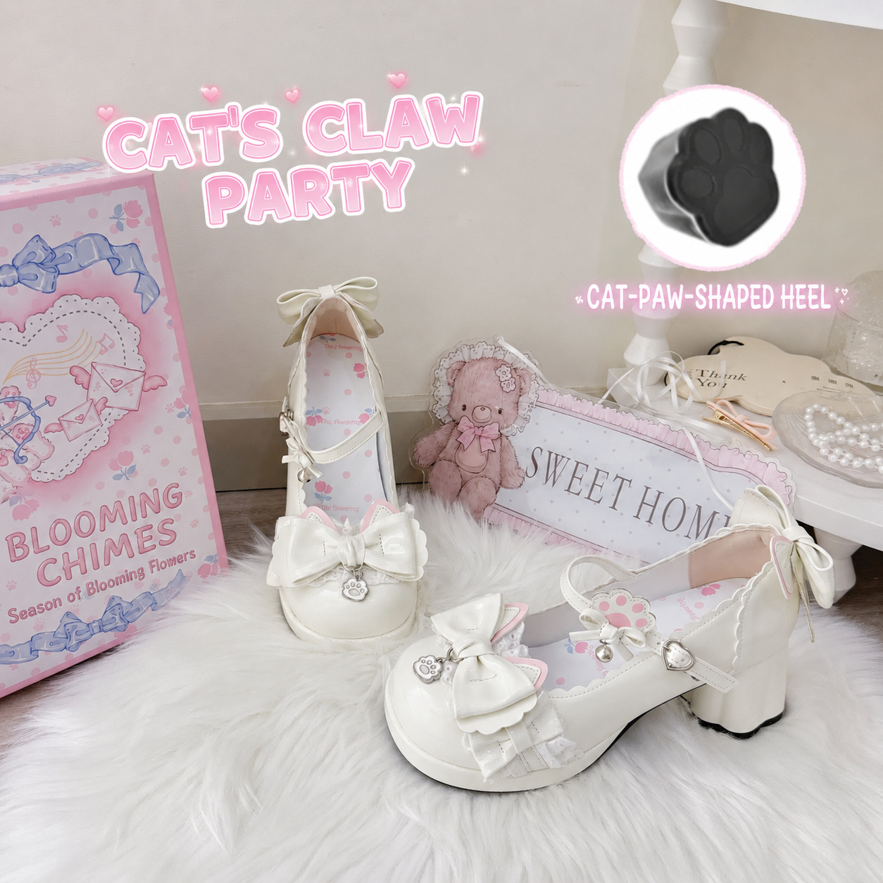 White Cat's Claw Party Lolita Mary Jane shoes with cat-paw-shaped heel