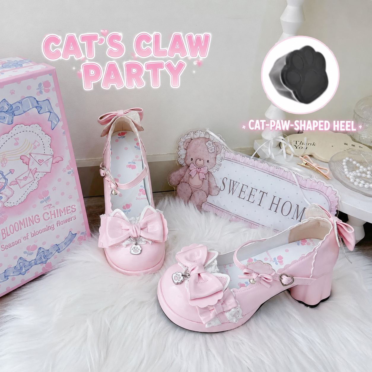 Pink Cat's Claw Party Lolita Mary Jane shoes with cat-paw-shaped heel