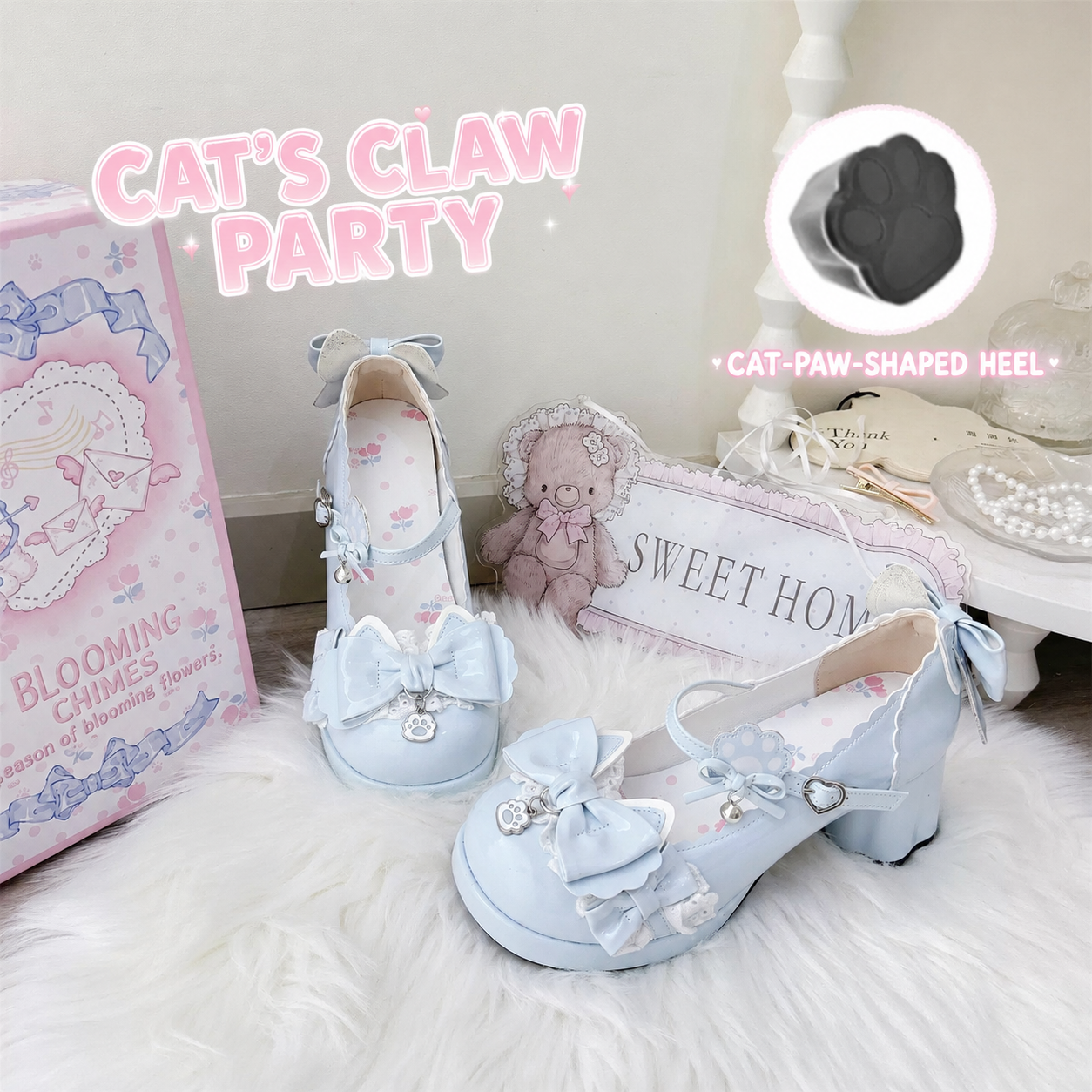 Blue Cat's Claw Party Lolita Mary Jane shoes with cat-paw-shaped heel