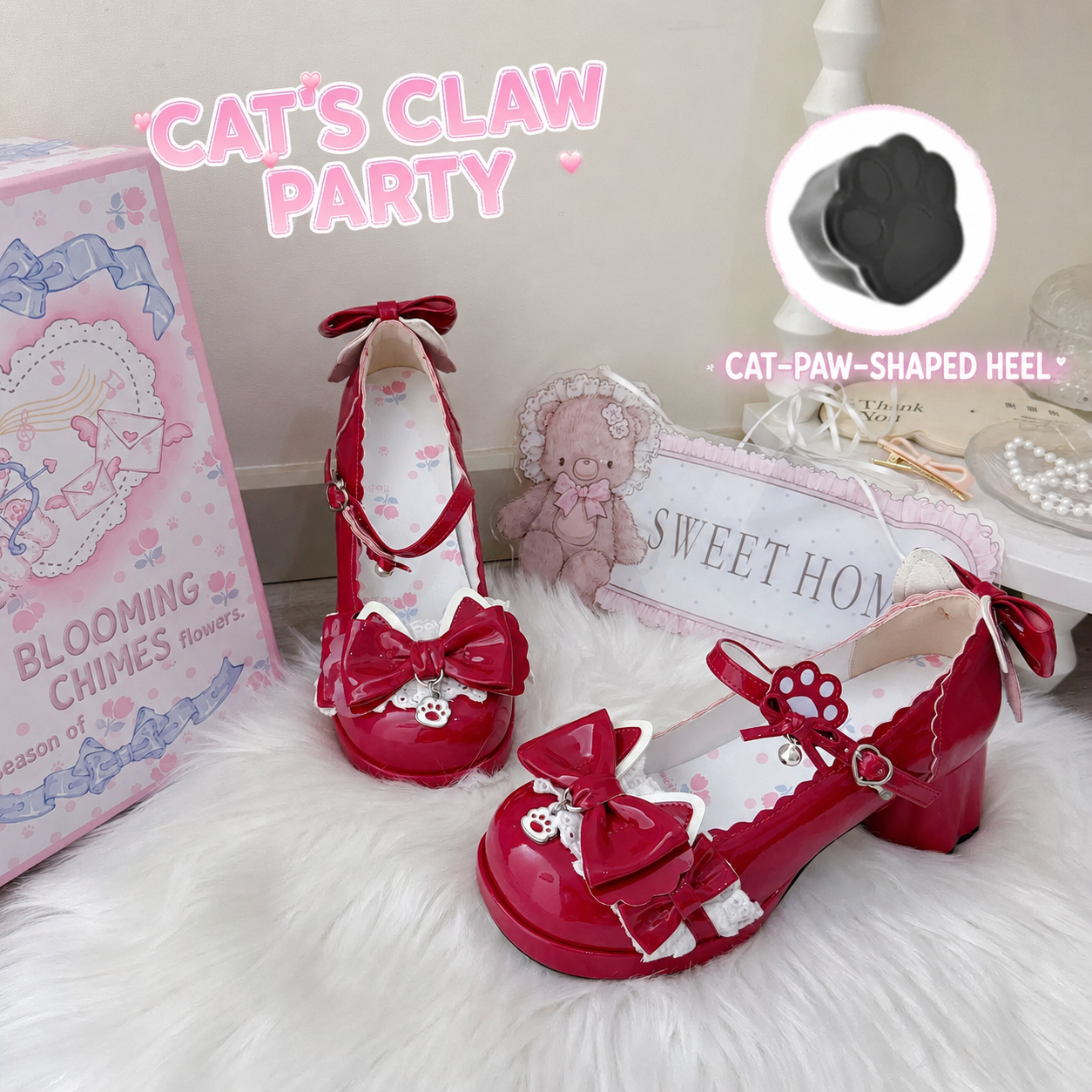 Red Cat's Claw Party Lolita Mary Jane shoes with cat-paw-shaped heel