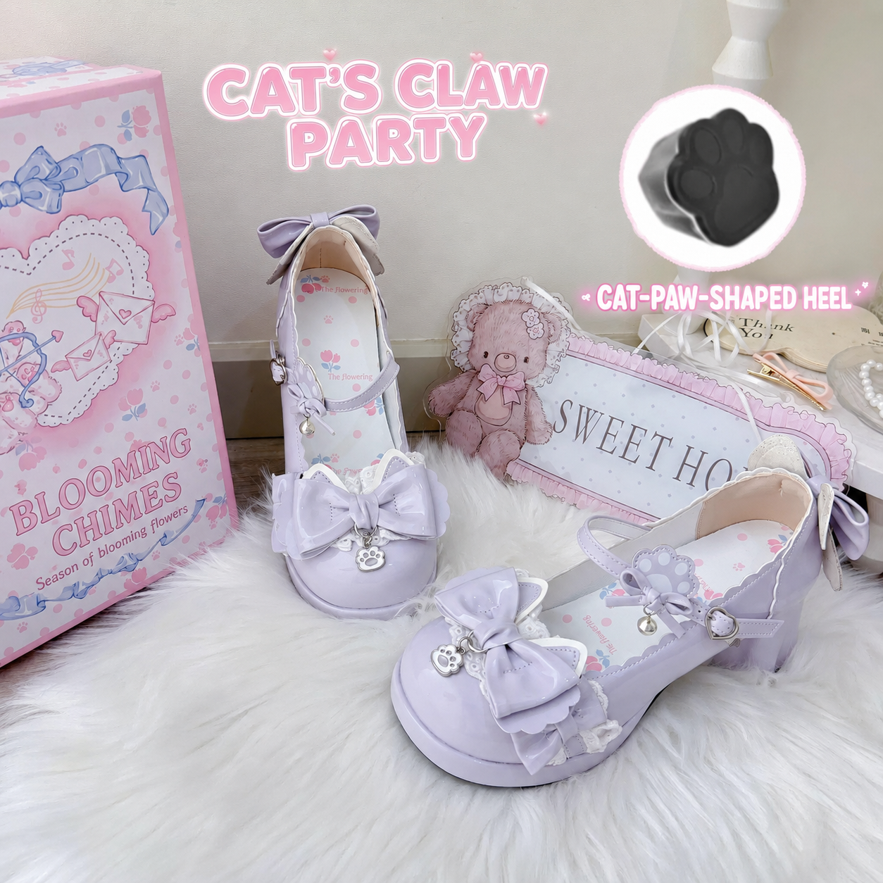 Purple Cat's Claw Party Lolita Mary Jane shoes with cat-paw-shaped heel