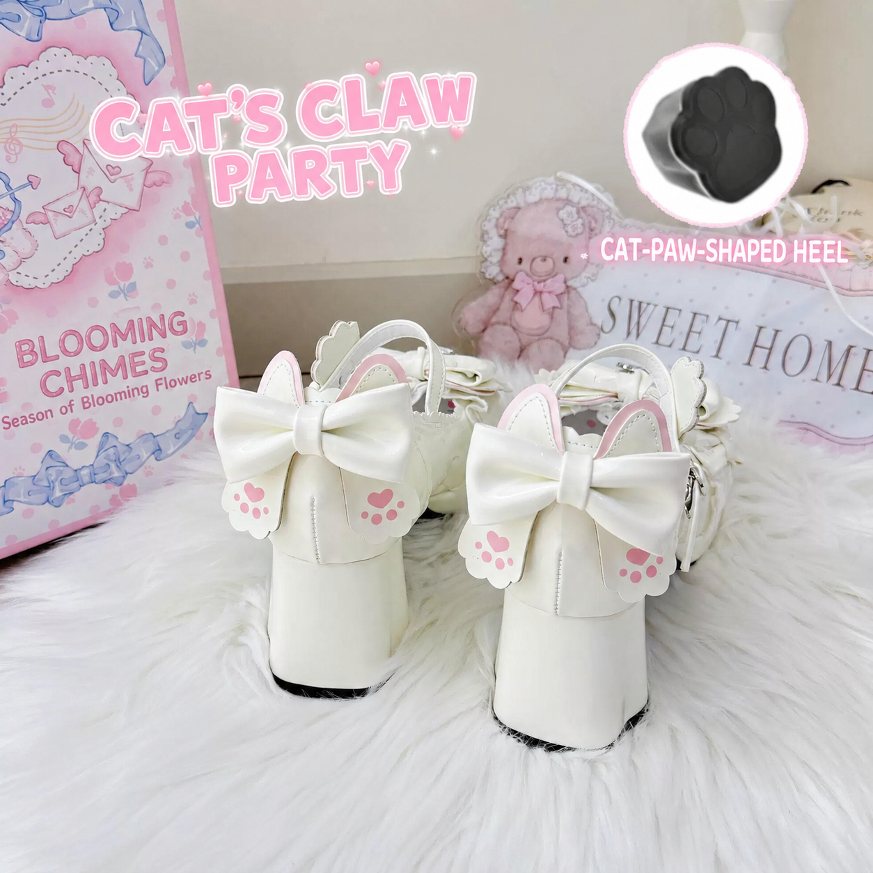 White Cat's Claw Party Lolita shoes rear view with bow heel details