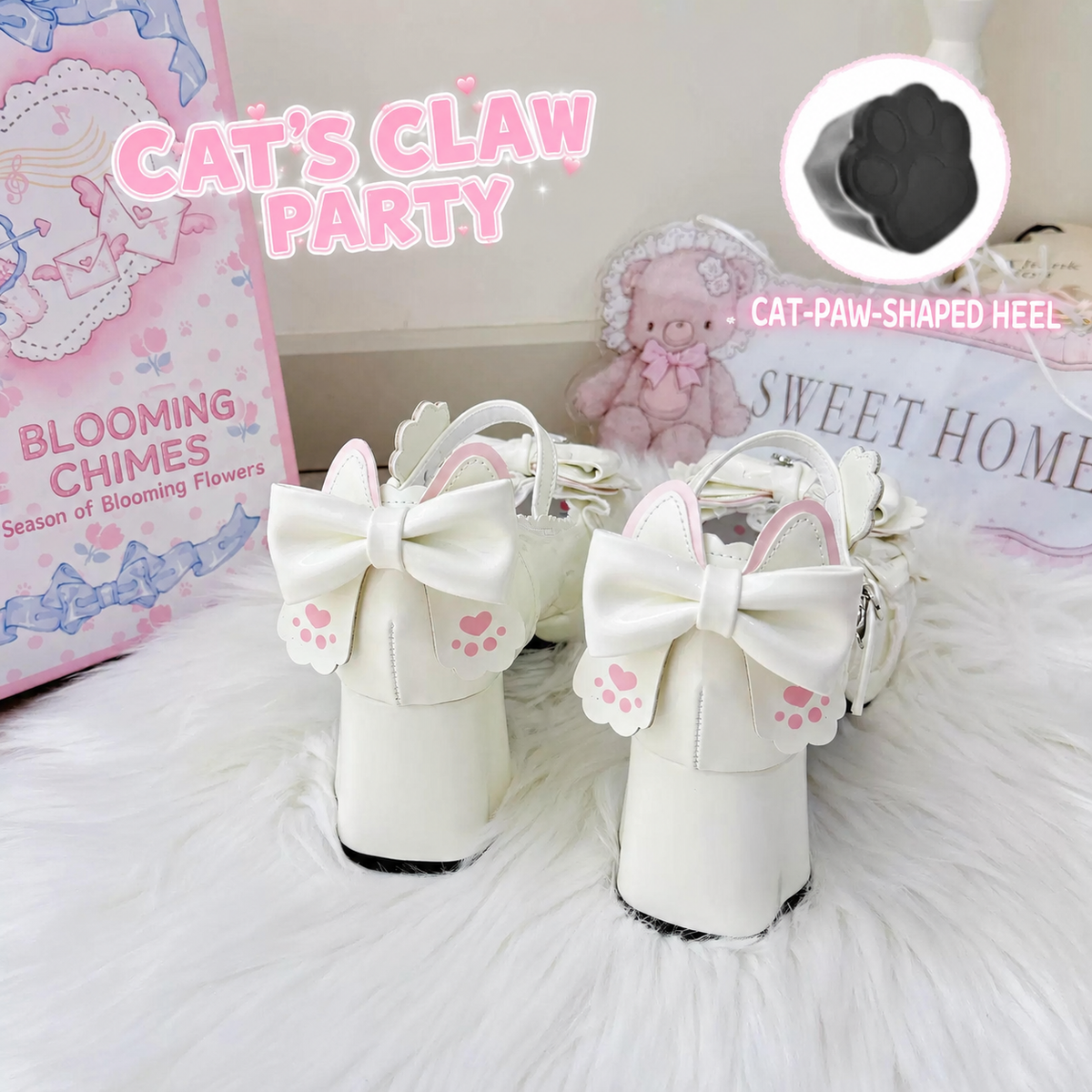White Cat's Claw Party Lolita shoes rear view with bow heel details