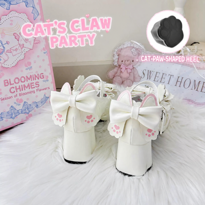 White Cat's Claw Party Lolita shoes rear view with bow heel details