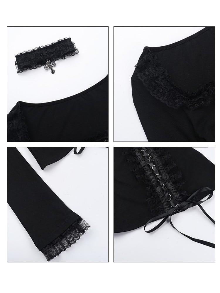 Long Top Black Choker with Sleeve Halloween Matching Lacing Lace D-Ring Gothic Trimmed